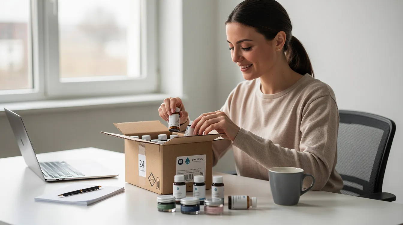 An individual is seen at a desk, eagerly opening a small shipment of sample products, which may include various items for their online business. This moment captures the excitement of exploring new product ideas and gathering feedback to meet customer demand and market trends.