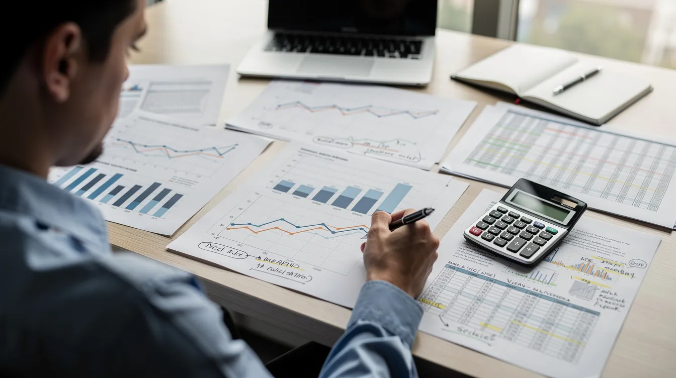 The image depicts a person intently analyzing financial charts and figures on paper at a workspace, highlighting their effort to gather insights on market trends and customer demand for effective product research in their online business.