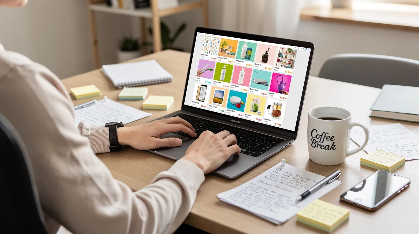 A person sits at a home office desk, browsing products on a laptop while surrounded by notes and a cup of coffee, reflecting on market trends and product ideas for their online business. The scene captures the essence of product research and the strategy needed to identify customer demand and successful sales opportunities.