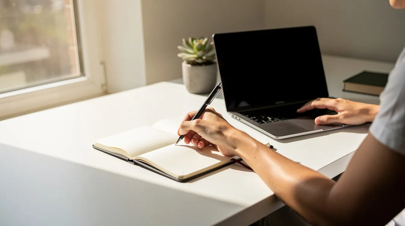 A person is writing in a notebook beside a laptop in a bright workspace, emphasizing the importance of accurate product data for ecommerce businesses. This setting reflects a collaborative environment where business users can develop marketing campaigns and manage product information effectively.