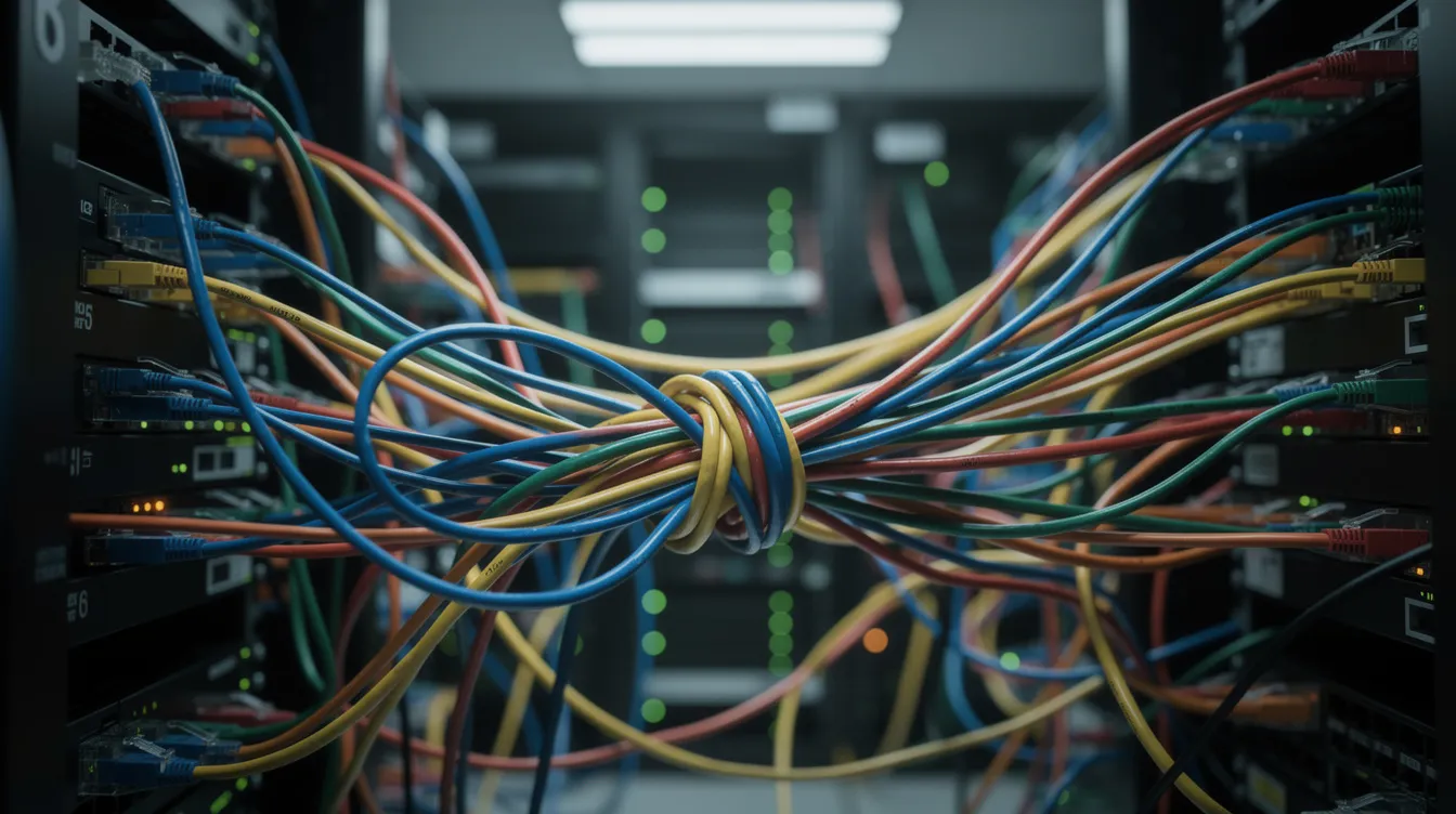 The image depicts a chaotic arrangement of colorful tangled cables in a server room, symbolizing the complexity of managing product data in an ecommerce business. This visual representation highlights the challenges faced by data teams and business leaders in achieving accurate product data and reliable data management across multiple channels.