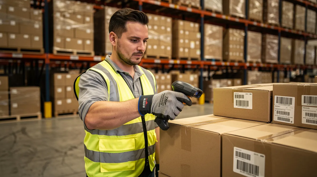 A warehouse worker is scanning a barcode on a product box, ensuring accurate product data management for an ecommerce business. This process helps maintain reliable data across multiple sales channels and enhances the overall customer experience.
