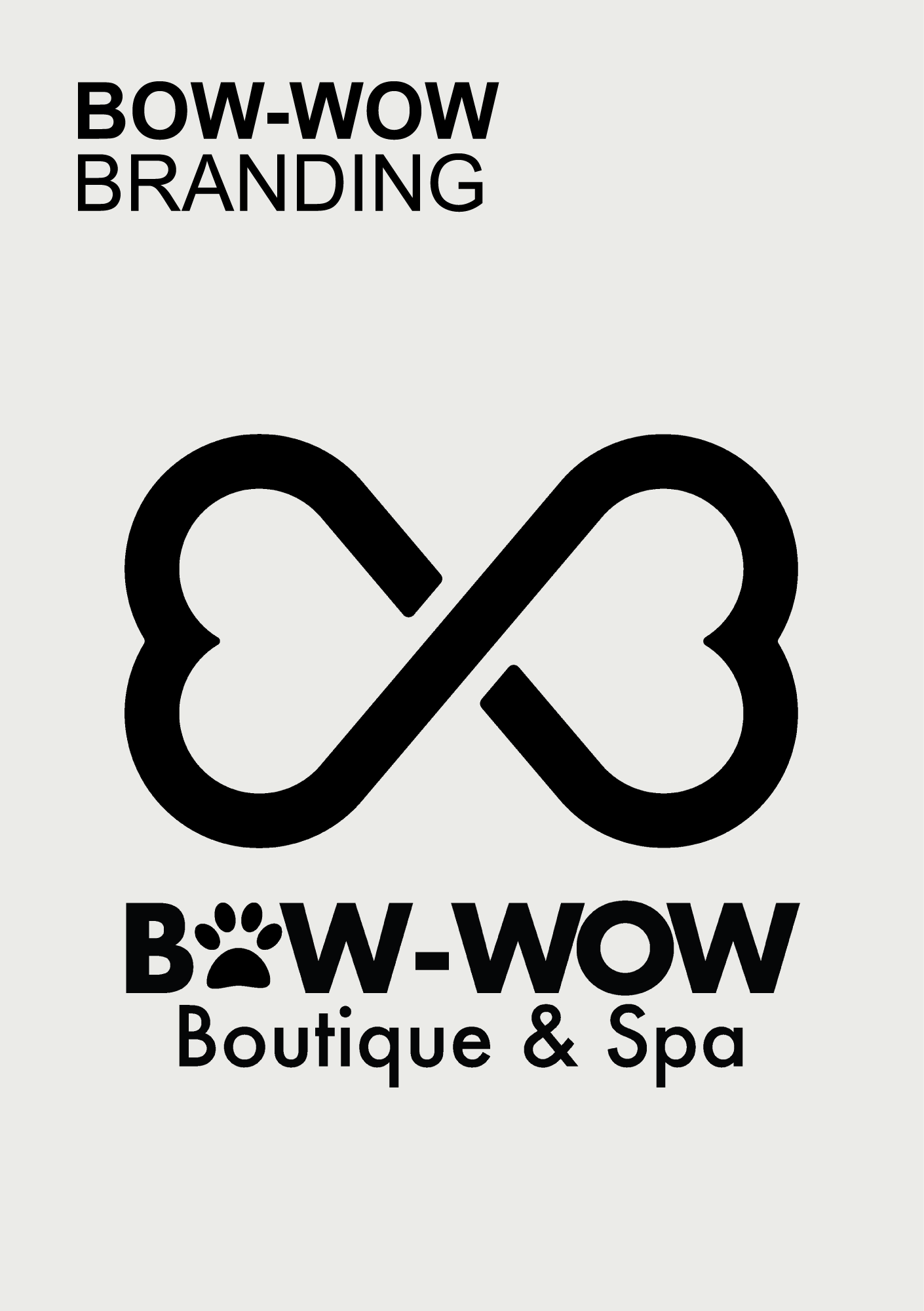 BOW-WOW Branding logo featuring an infinity symbol made of two bone shapes and text 'BOW-WOW Boutique & Spa' with a paw print replacing the letter O.