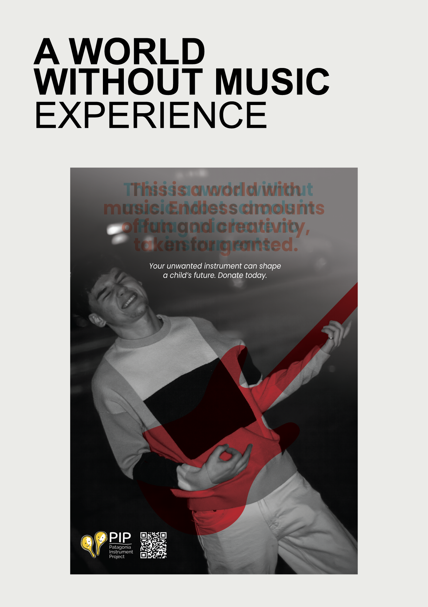 Black and white photo of a young man playing air guitar with a digitally overlaid red guitar, accompanied by text promoting music donations to support children's creativity.