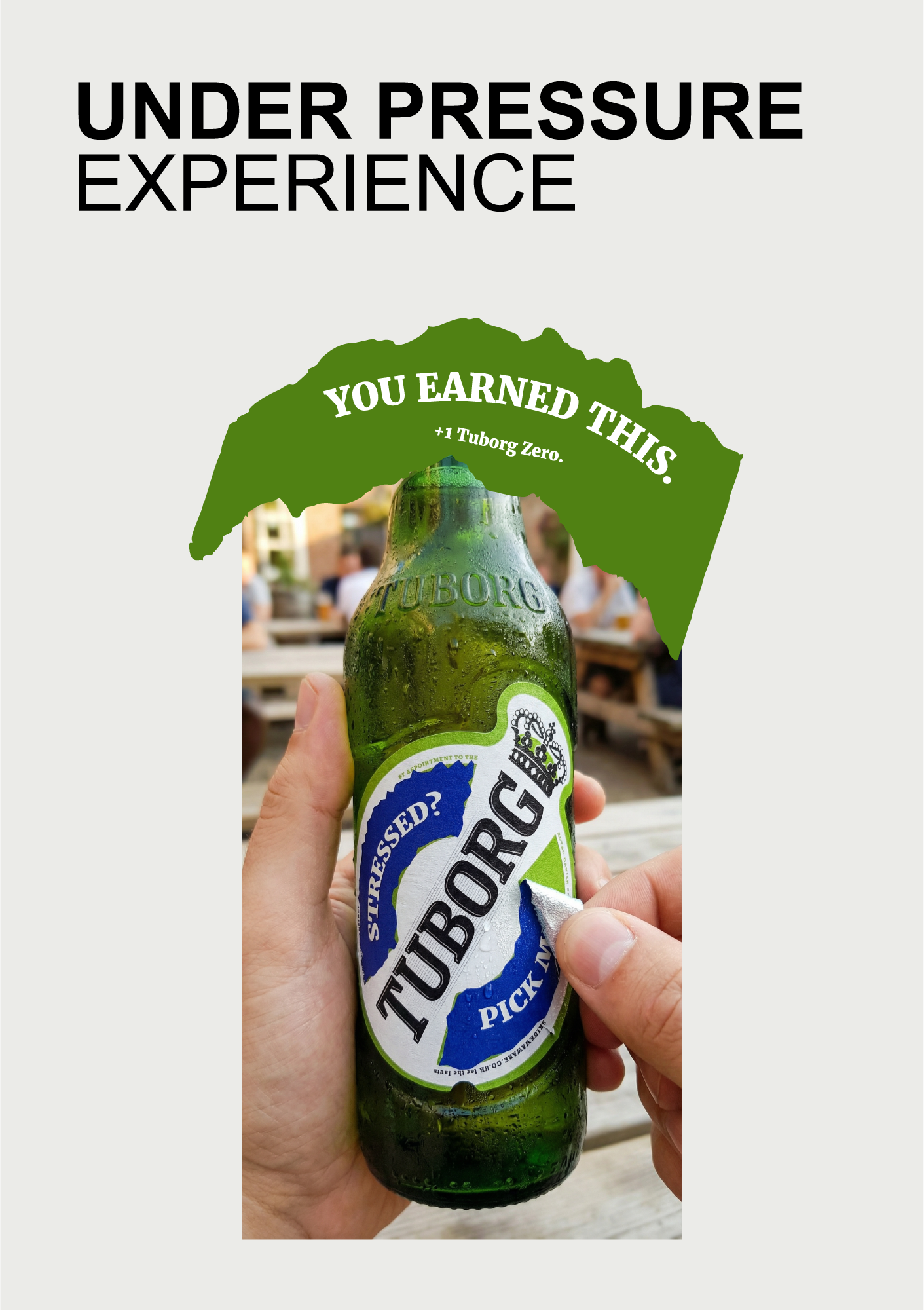 Person peeling a sticker off a cold Tuborg beer bottle with text 'Under Pressure Experience' and 'You earned this. +1 Tuborg Zero.' above.