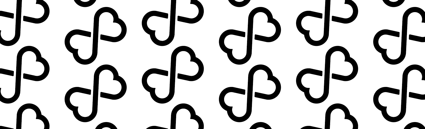 Seamless pattern of black infinity symbols with heart-shaped loops on a white background.
