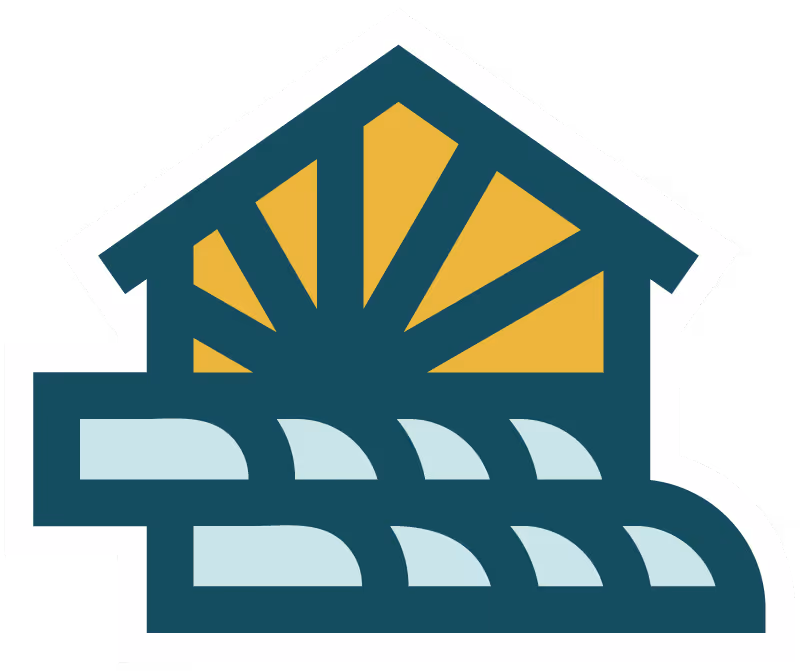 Stylized logo of a house with sun rays inside and a flowing water wave below.