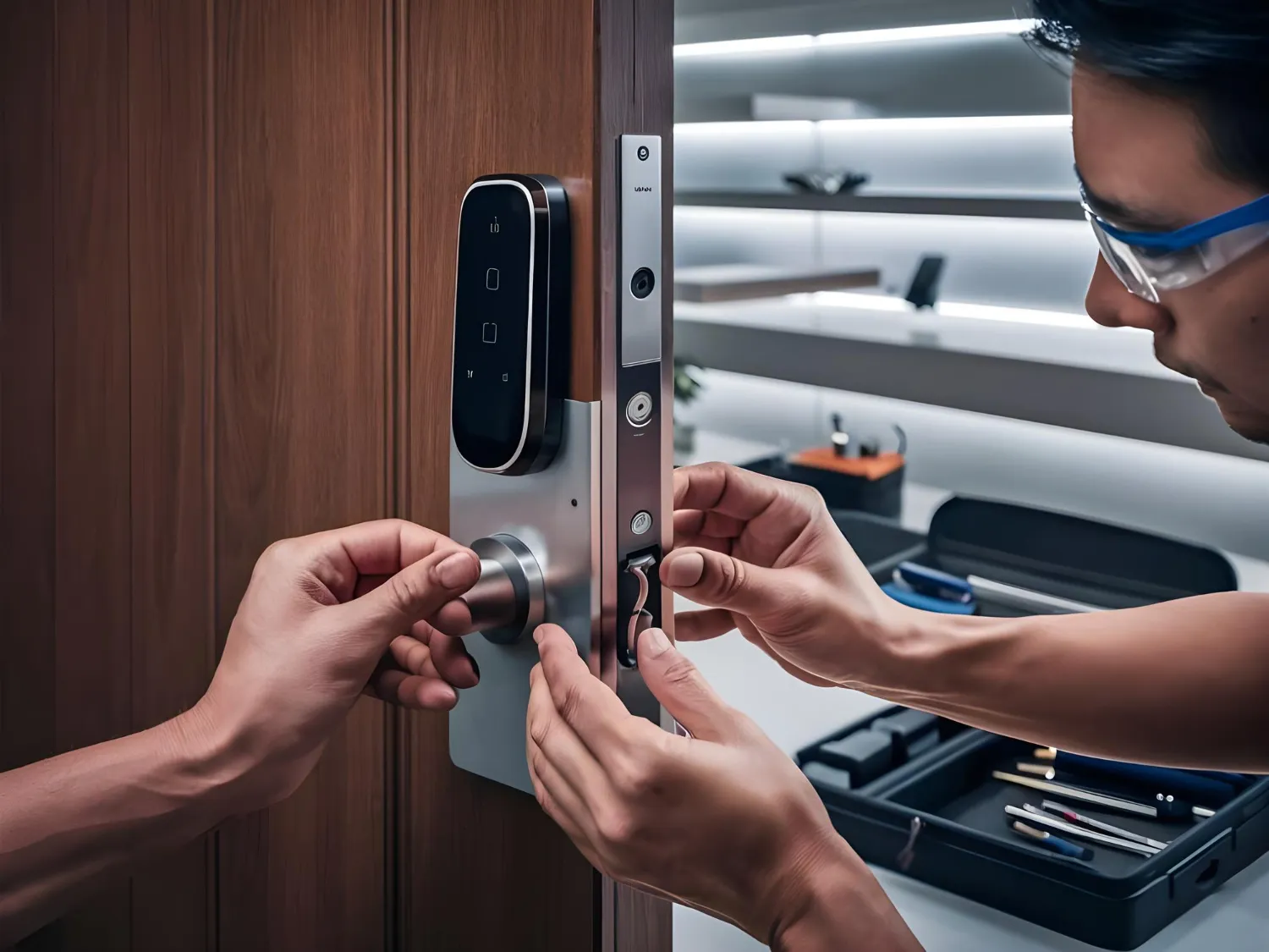 Mr. Locksmith technician installing a smart digital door lock on a wooden door in Dubai
