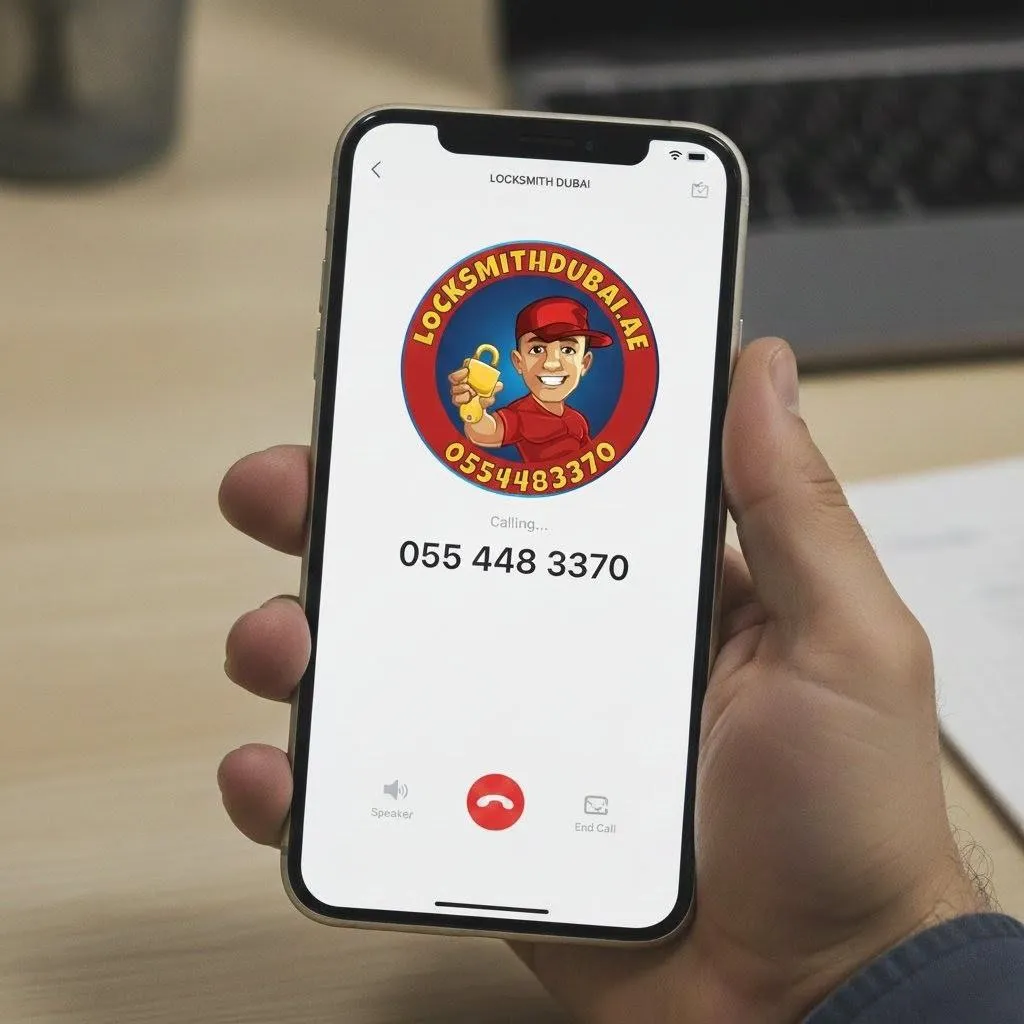 Smartphone screen showing active call to Locksmith Dubai with logo and phone number 0554483370