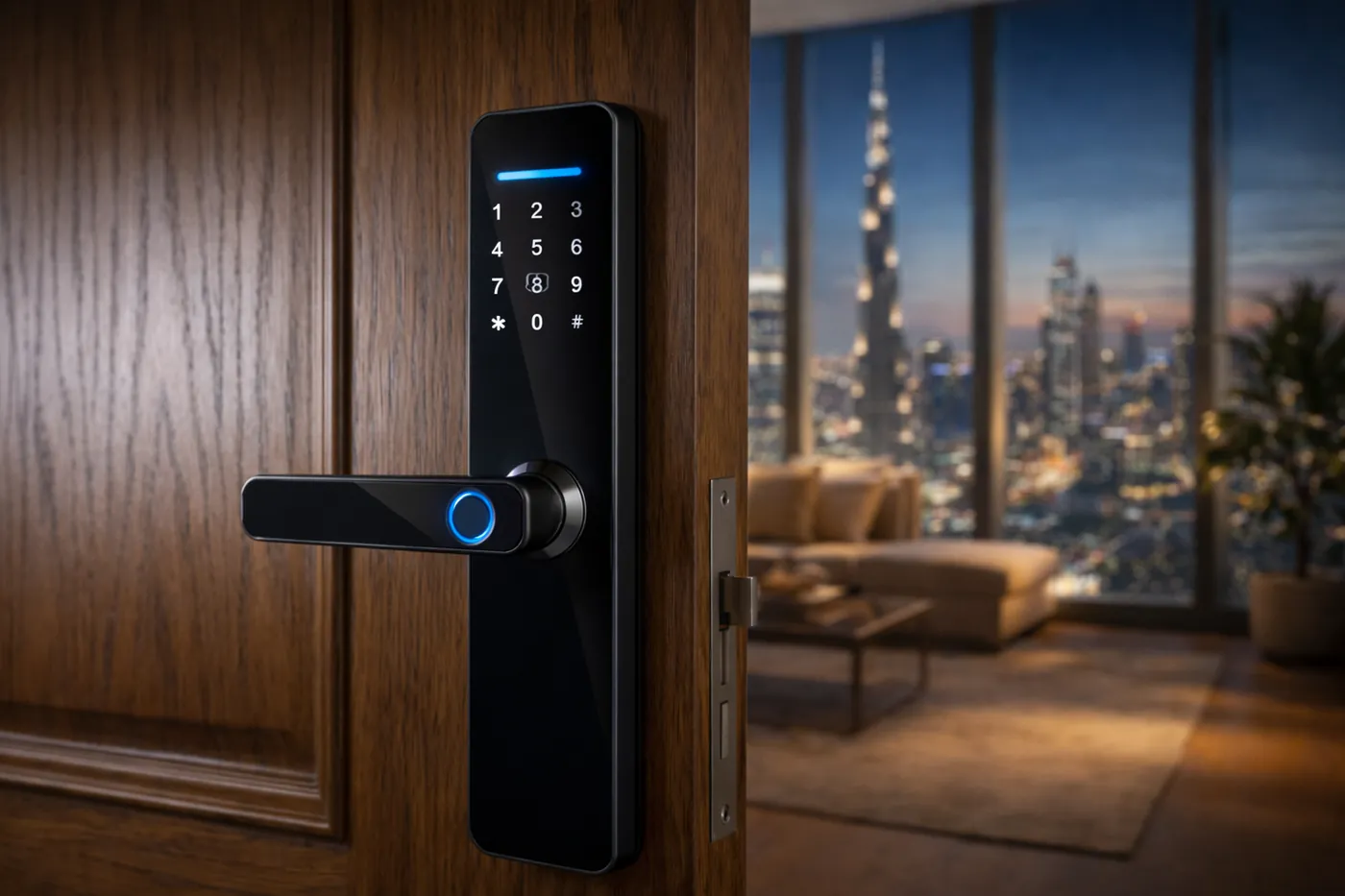 Mr. Locksmith technician installing a smart digital door lock on a wooden door in Dubai