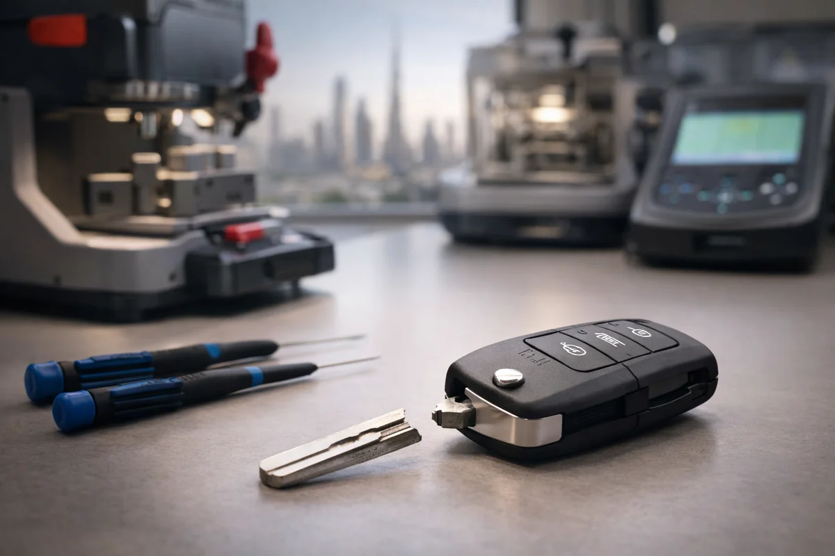 Broken car key repair service in Dubai – technician fixing a damaged car key and remote