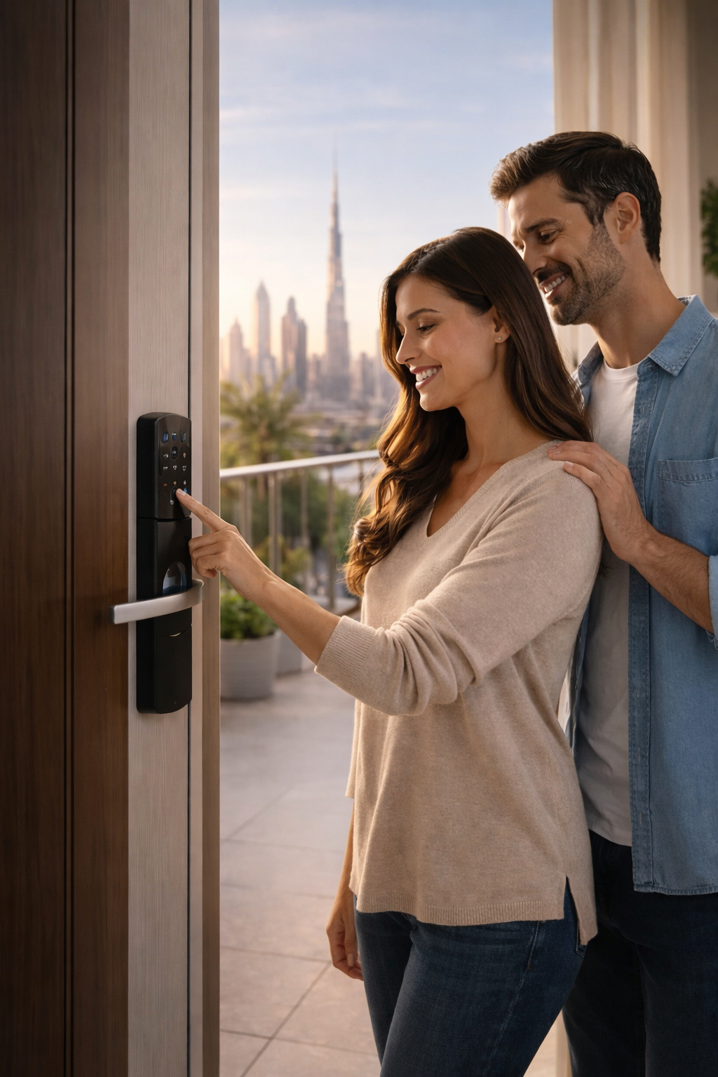 Professional locksmith installing smart keypad lock on front door of house