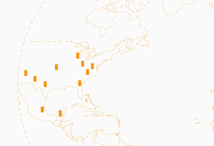 Map of North America with orange rectangular markers indicating locations across the United States, Mexico, and the Caribbean.