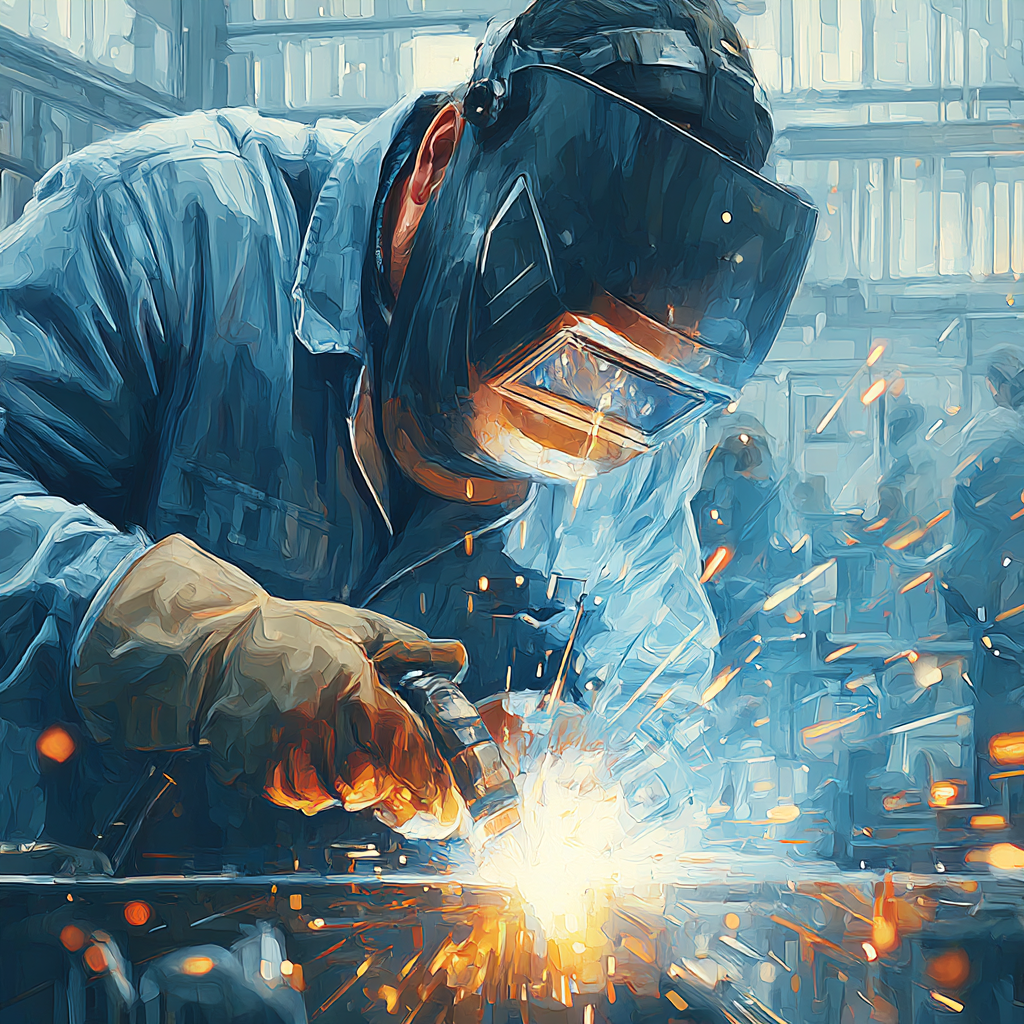 A welder wearing protective gloves and a dark welding helmet working with sparks flying in an industrial workshop.