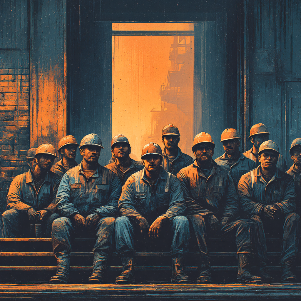 Group of industrial workers wearing helmets and coveralls sitting together on stairs in front of an orange-lit doorway.
