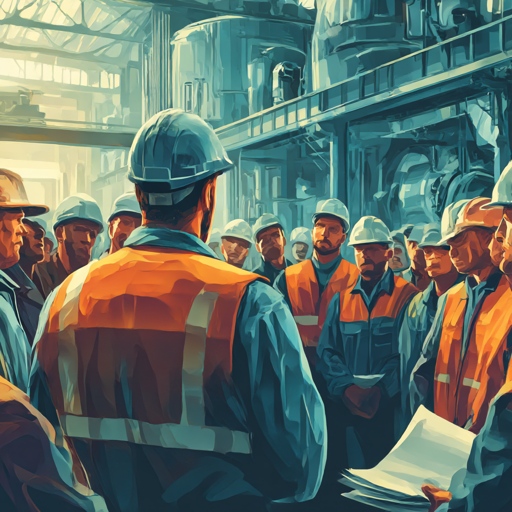 Group of factory workers wearing hard hats and orange safety vests gathered for a meeting inside an industrial facility.
