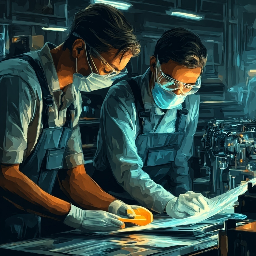 Two factory workers wearing safety glasses, masks, and gloves inspecting documents and an orange object on a metal worktable in an industrial setting.