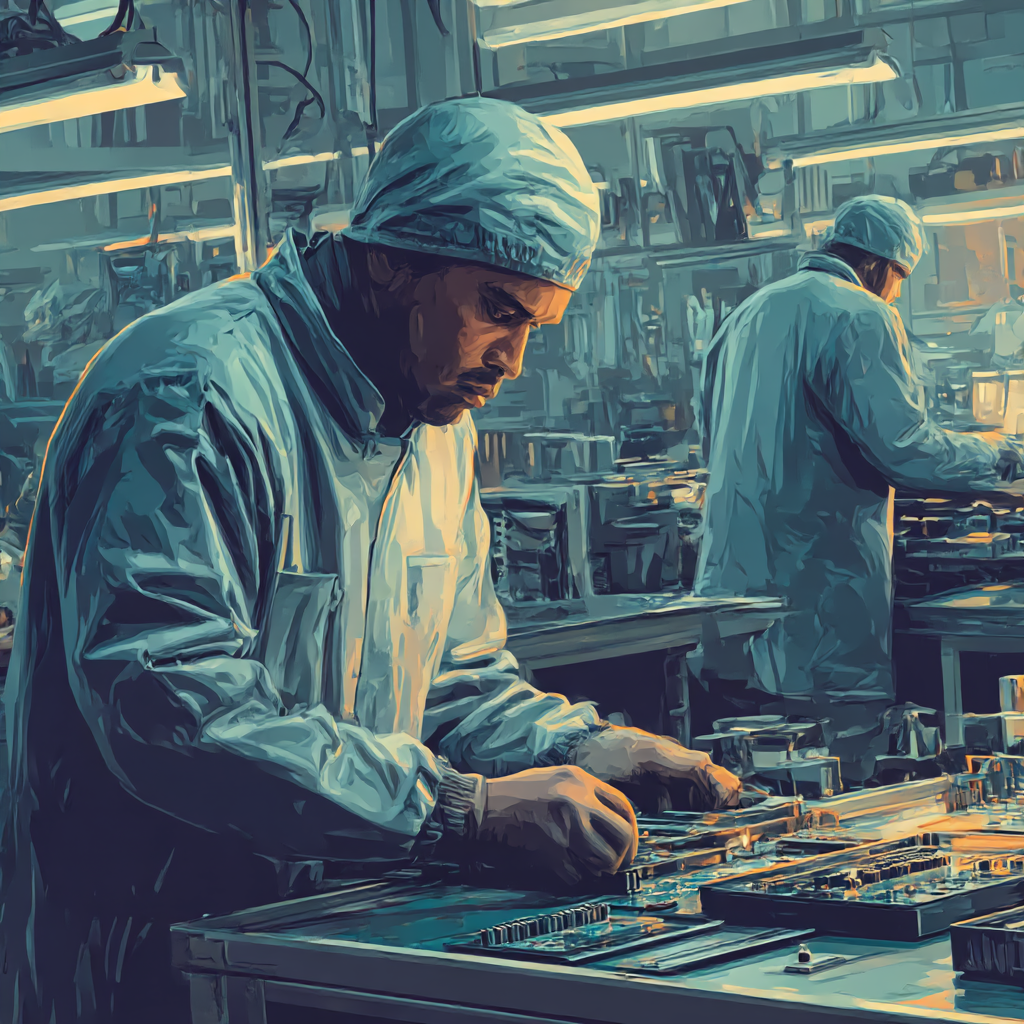 Two workers in cleanroom suits assembling electronic components in a high-tech manufacturing facility.