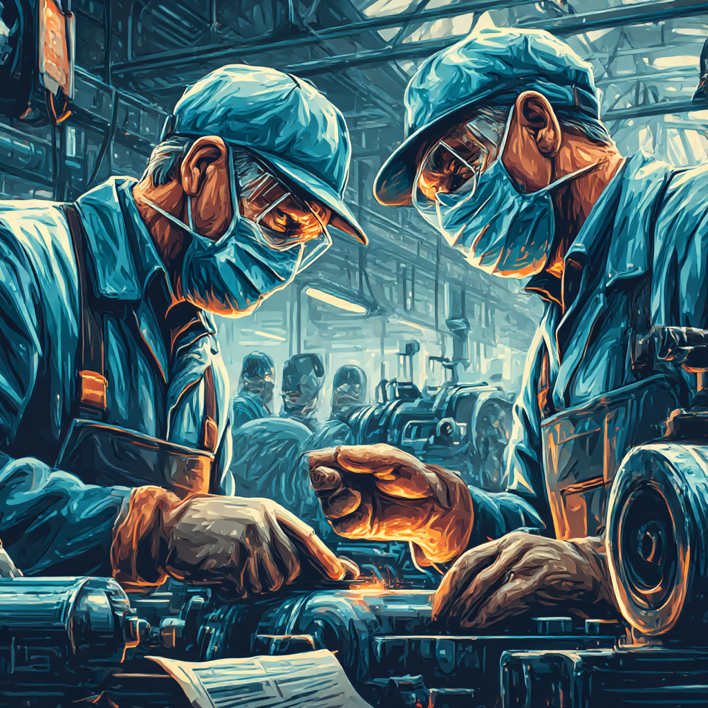 Two factory workers wearing masks and blue uniforms closely inspecting a machine part inside an industrial workshop.