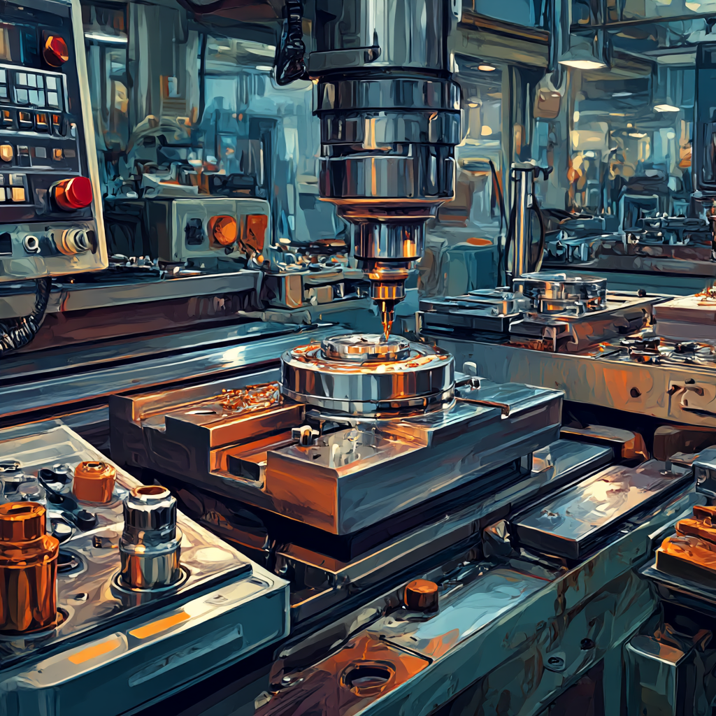 Close-up of CNC milling machine operating in a metal workshop with metal parts and shavings around.