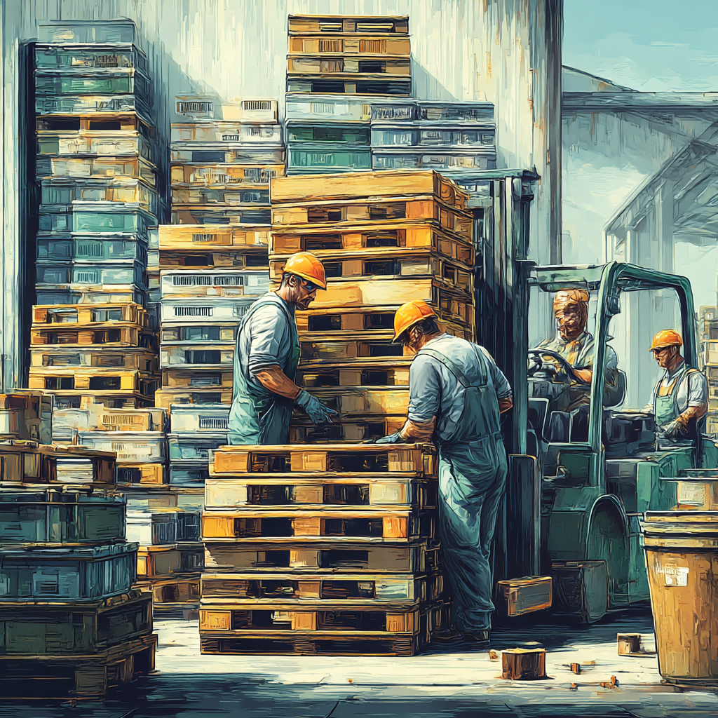 Workers wearing orange helmets stacking wooden pallets in a warehouse with a forklift and large pallet stacks in the background.
