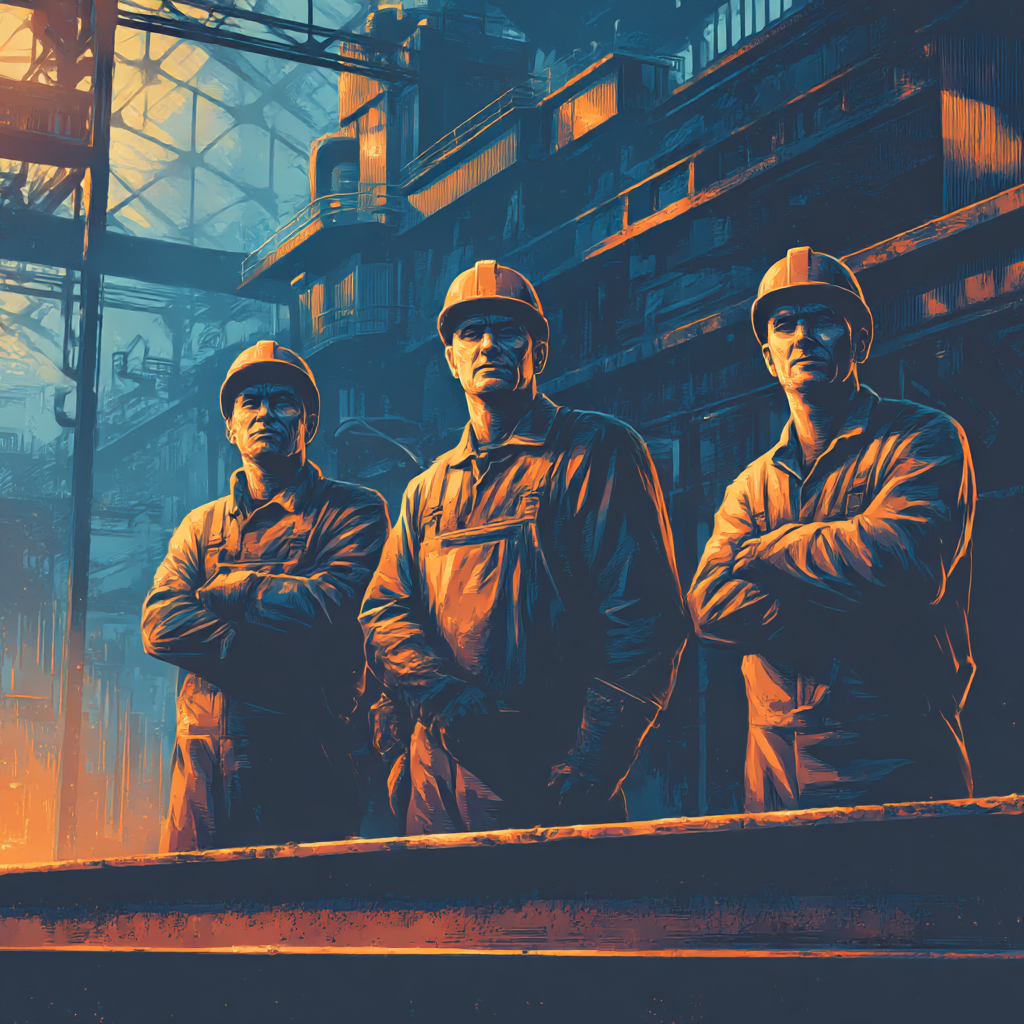 Three industrial workers wearing hard hats and coveralls standing confidently inside a large factory.