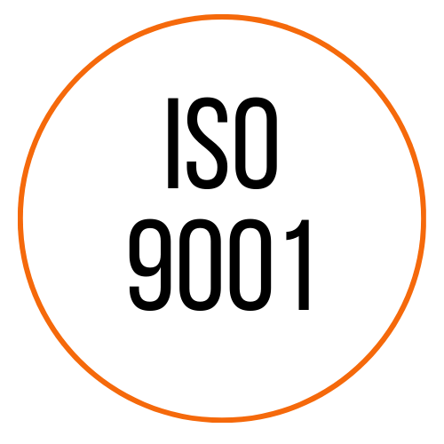 White circle with thin orange border containing black text 'ISO 9001' in the center.