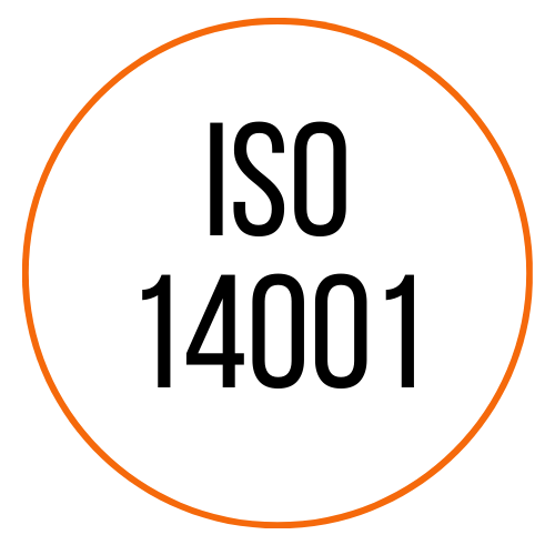 Circle with orange border containing black text 'ISO 14001'.