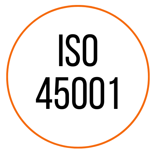Circle with orange border containing text 'ISO 45001' in black letters on a white background.