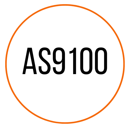 AS9100 text in black within a white circle with an orange border.