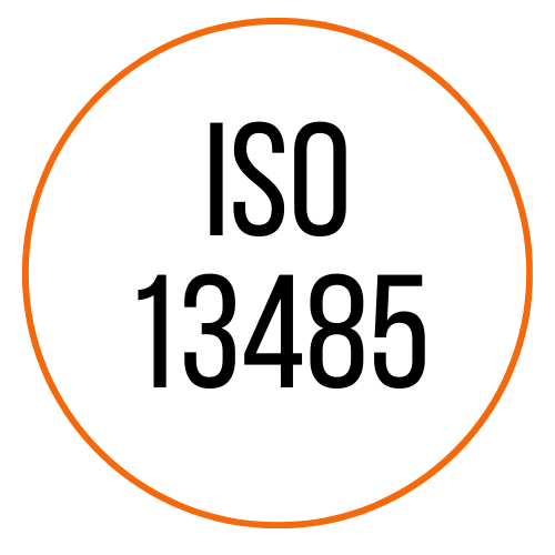 White circular badge with orange border displaying text 'ISO 13485' in black.