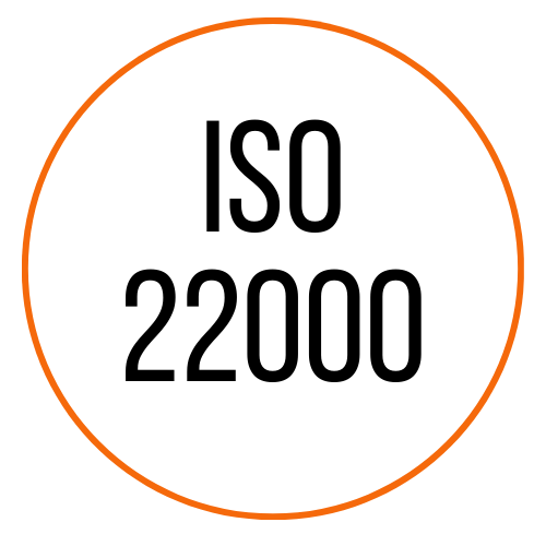 White circle with black text ISO 22000 and an orange border.