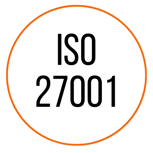 White circular badge with orange border displaying text 'ISO 27001' in black.