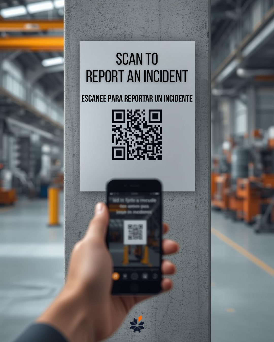 Two factory workers wearing masks, gloves, and safety glasses inspecting documents on a work table in an industrial setting.