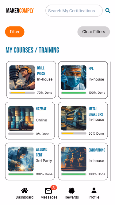 Mobile app screen of MakerComply showing training course progress including Drill Press, PPE, Hazmat, Metal Brake Ops, Welding Cert, and Onboarding with completion percentages.