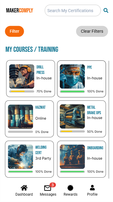 Mobile app screen of MakerComply showing training course progress including Drill Press, PPE, Hazmat, Metal Brake Ops, Welding Cert, and Onboarding with completion percentages.