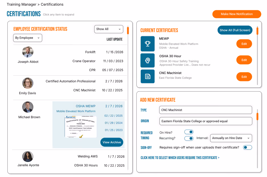Certification management dashboard showing employee certifications status, current certificates, and form to add new certificate.