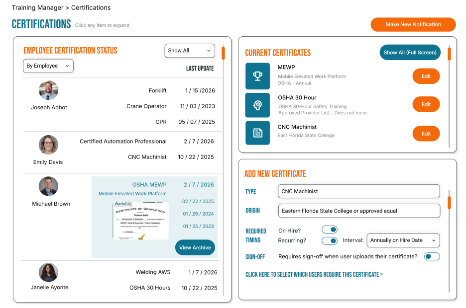 Certification management dashboard showing employee certifications status, current certificates, and form to add new certificate.