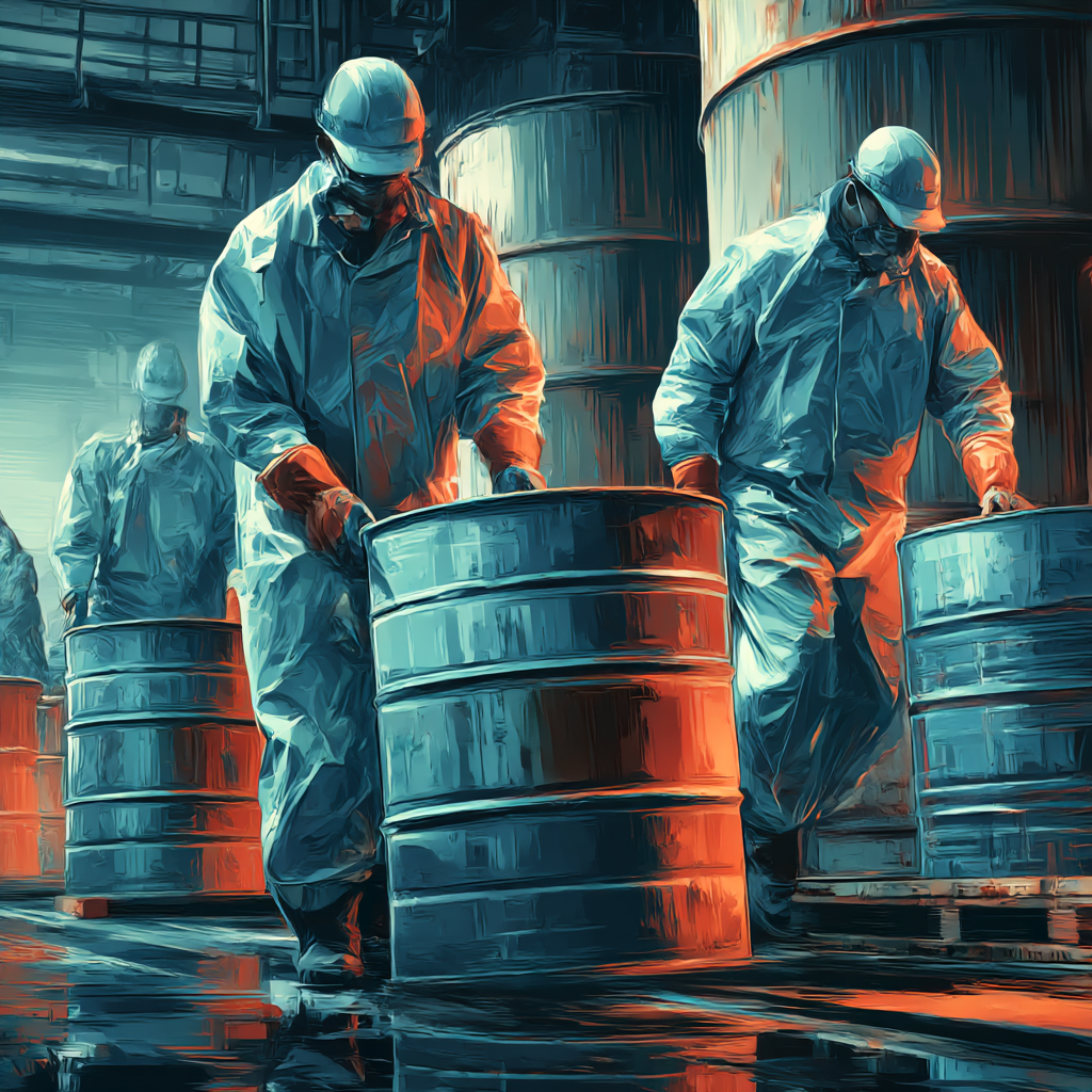 Group of construction workers wearing hard hats and orange safety vests gathered in an industrial setting, with one worker holding documents.