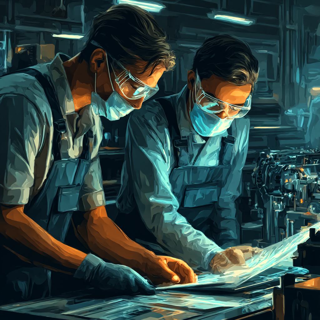 Two factory workers wearing masks and safety goggles examining a blueprint or plan in a dimly lit industrial setting.