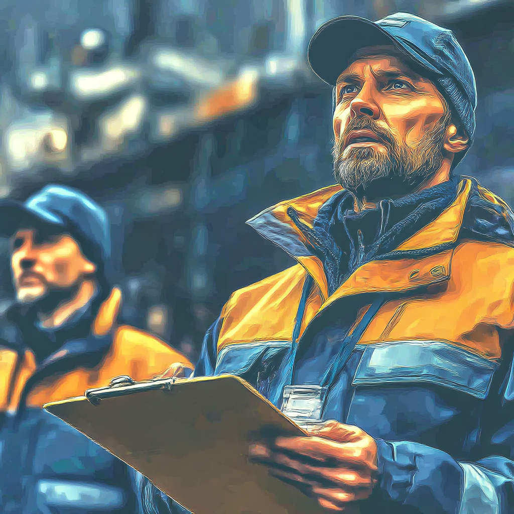 Two workers in orange and blue safety jackets and caps, one holding a clipboard while looking ahead thoughtfully.