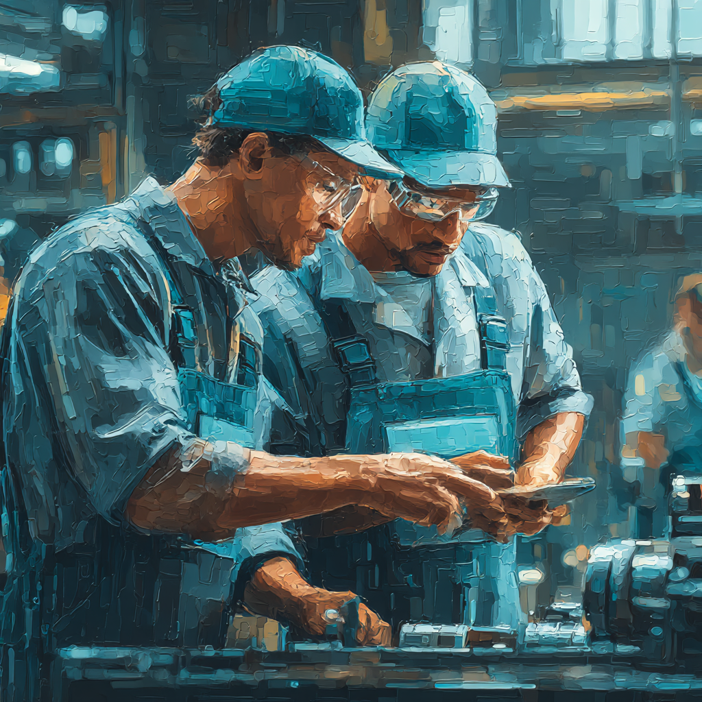 Two factory workers wearing blue uniforms, caps, and safety glasses reviewing a smartphone while standing at a workbench with machinery.