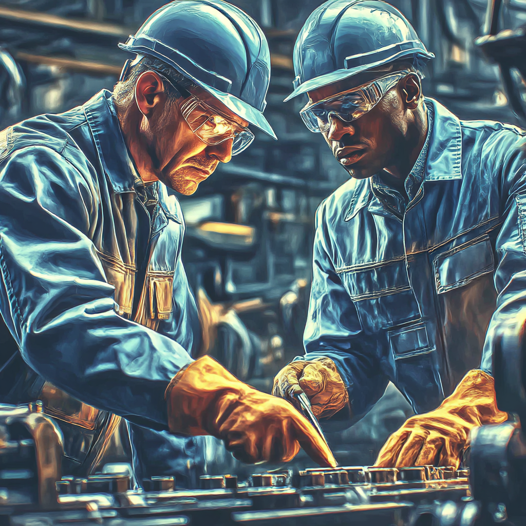 Two factory workers in blue uniforms and helmets inspecting machinery controls together.