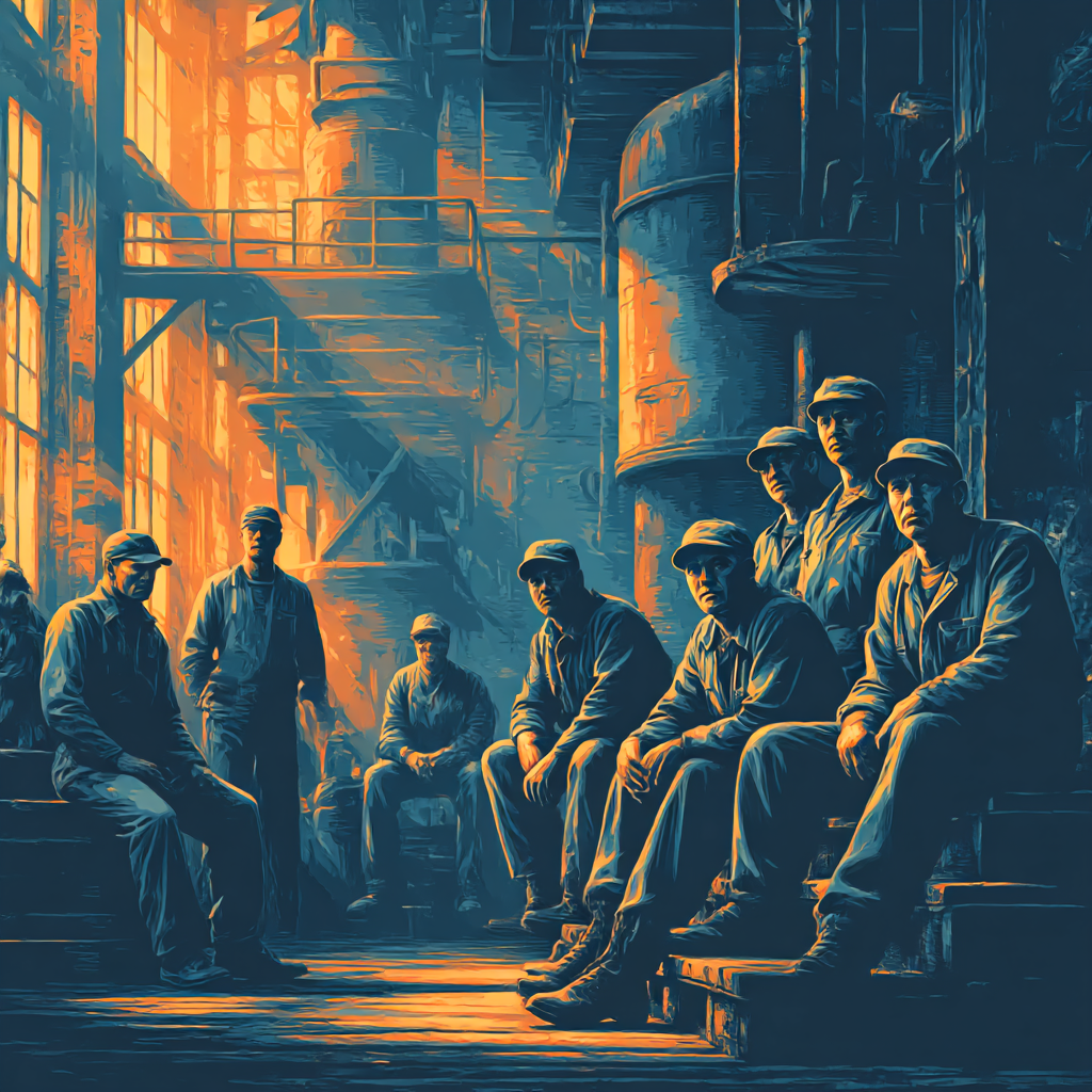 Two factory workers wearing blue uniforms, caps, and safety glasses reviewing a smartphone while standing at a workbench with machinery.