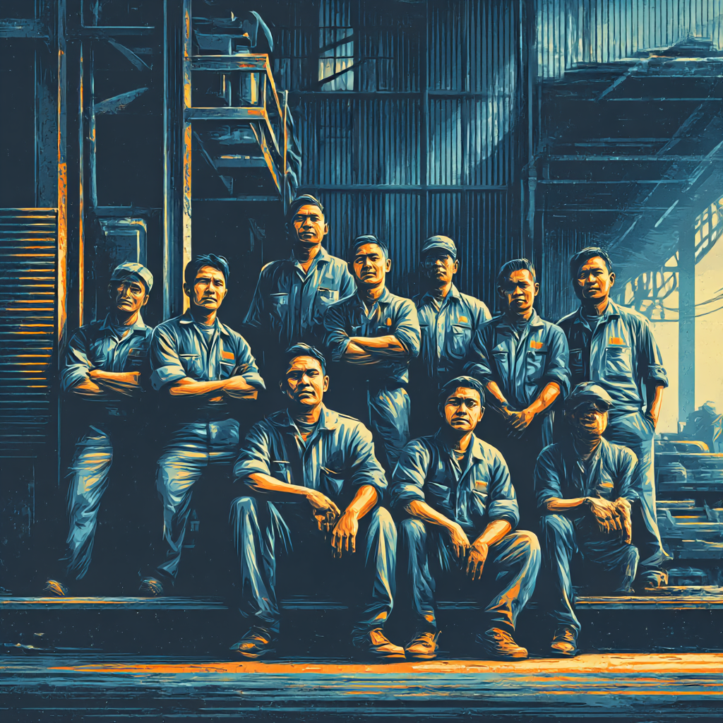 Two factory workers wearing blue uniforms, caps, and safety glasses reviewing a smartphone while standing at a workbench with machinery.