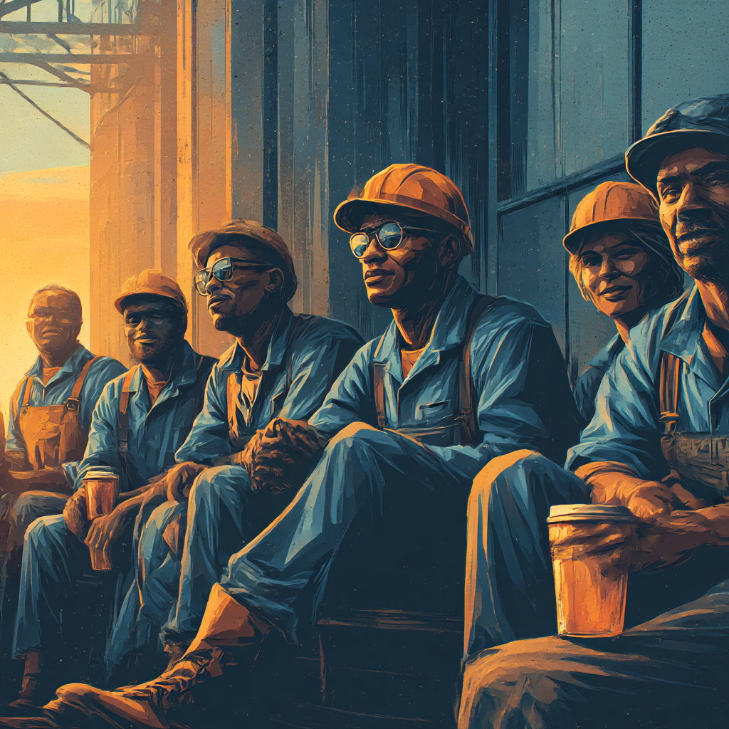 Six construction workers wearing helmets and blue work uniforms sitting together on a break, some holding coffee cups, with sunset lighting.