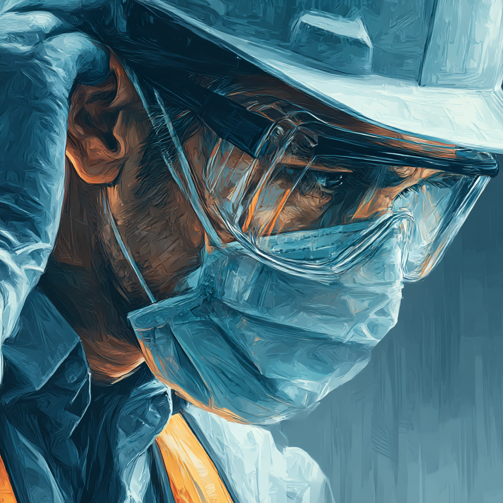 Two factory workers wearing blue uniforms, caps, and safety glasses reviewing a smartphone while standing at a workbench with machinery.