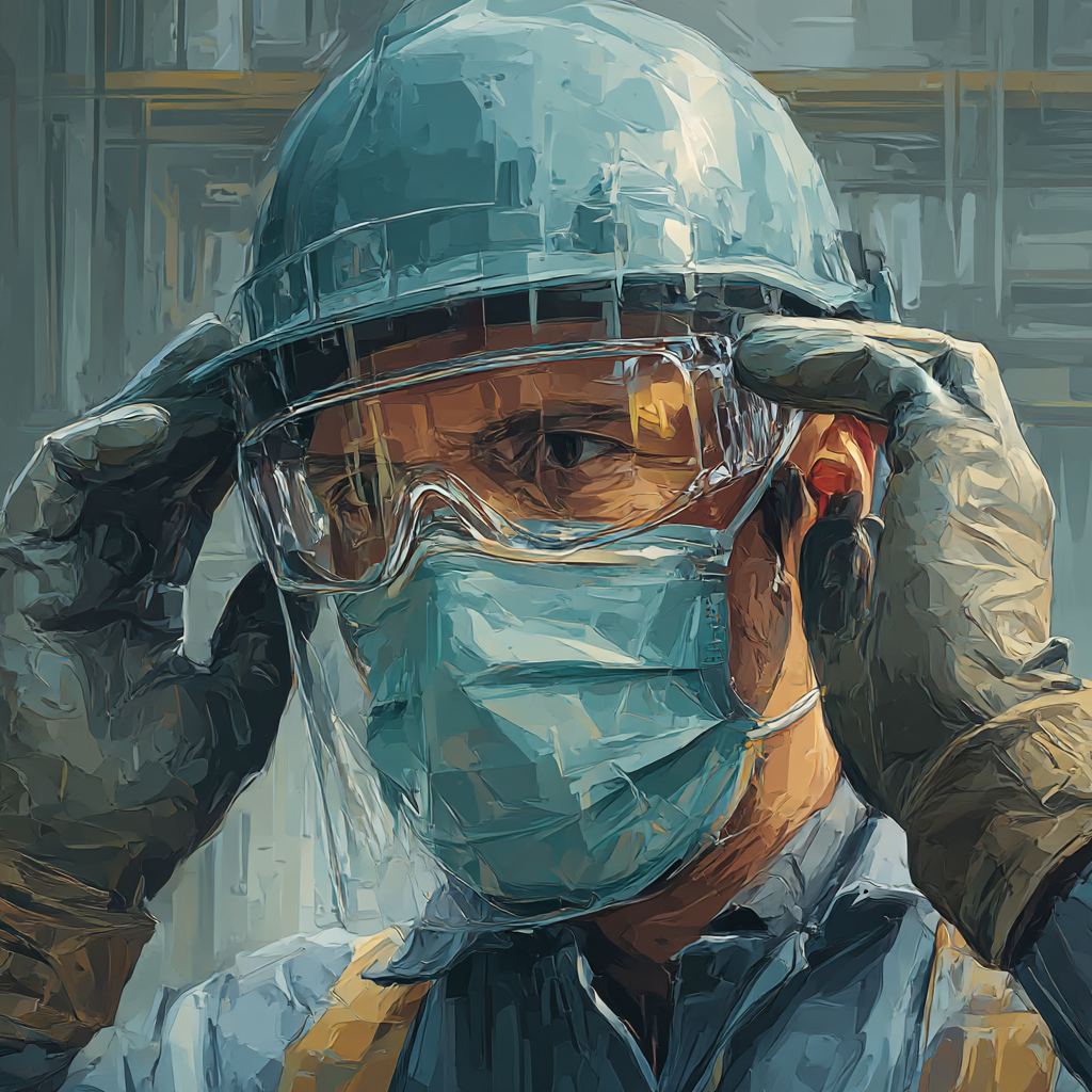 Two factory workers wearing blue uniforms, caps, and safety glasses reviewing a smartphone while standing at a workbench with machinery.