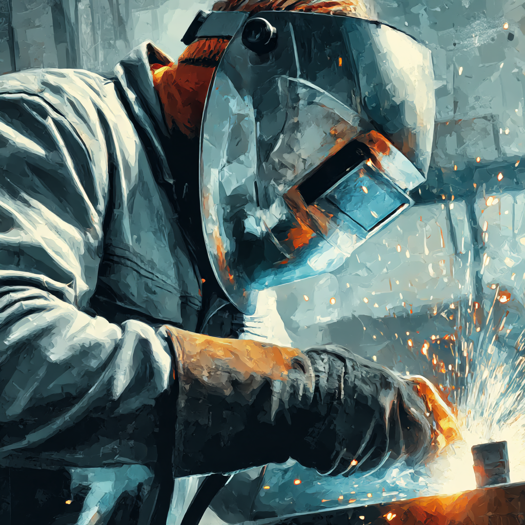 Two factory workers wearing blue uniforms, caps, and safety glasses reviewing a smartphone while standing at a workbench with machinery.