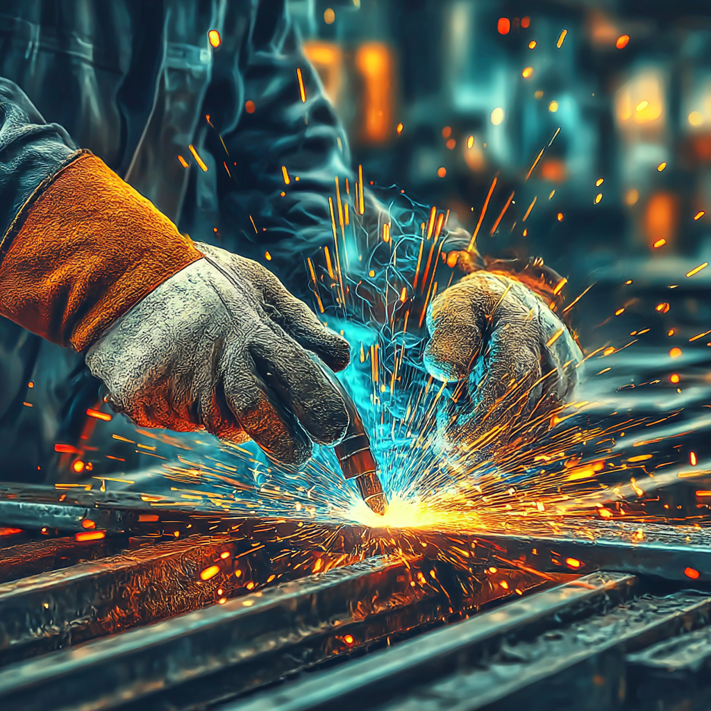 Six construction workers wearing helmets and blue work uniforms sitting together on a break, some holding coffee cups, with sunset lighting.